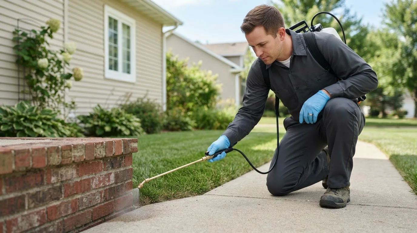 Pest control technician treating a home near Assaria, KS